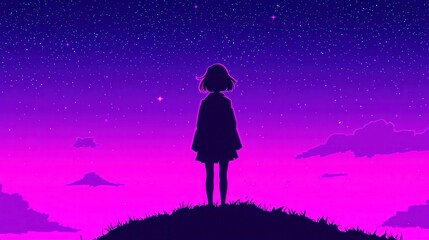 Poster - Art Nouveau City Pop, young woman on hilltop gazing at stars, bold outlines, solid colors, geometric style, cool vibrant palette, bright light, high contrast, vivid colors.