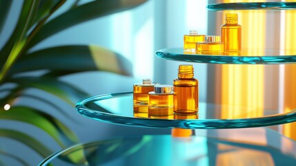 Poster - Vibrant display of amber bottles on glass shelves with a tropical plant in a modern setting