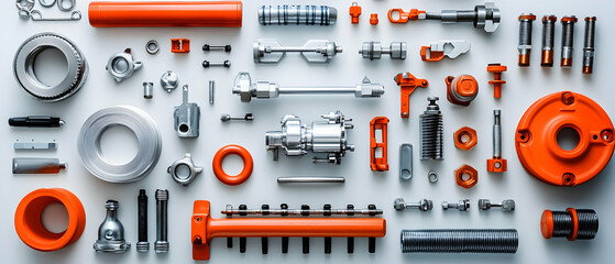 Poster - Orange & silver parts flatlay. Industrial background. Engineering