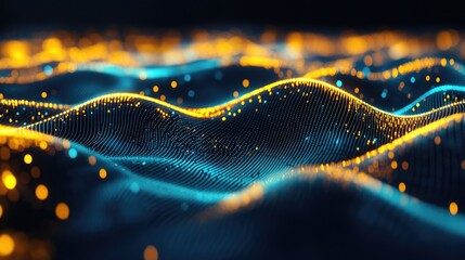 Poster -  A futuristic digital wave with glowing blue and gold particles, symbolizing AI, big data, and technology. Ideal for innovation, networking, and digital transformation themes