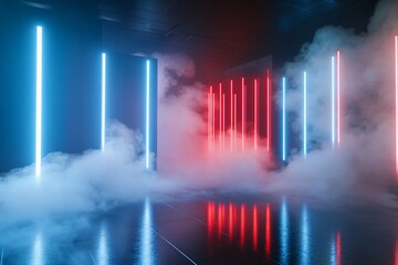 Poster - Neon lights in smoky space with red & blue hues, suitable for backdrops or flyers