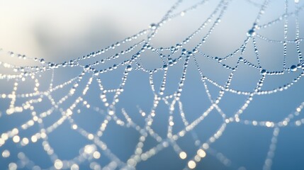 Close up macro photograph of a spider web with water droplets