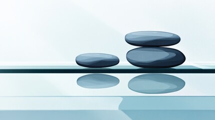 Poster - three smooth stones arranged on a glass surface reflecting soft light in a serene setting