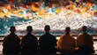 © Somboon - Buddhist monks chanting in unison during a ceremony, with colorful prayer flags overhead.