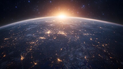 Wall Mural - Majestic View of Earth from Space During Sunrise with Sparkling City Lights and Stars