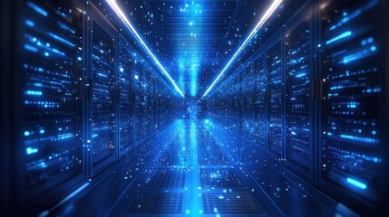 Poster - A futuristic data center with glowing blue servers and floating digital particles, symbolizing high-tech computing and cybersecurity. Ideal for AI, cloud computing, and big data themes