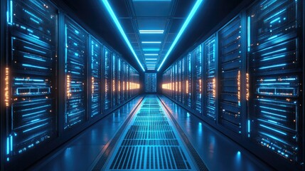 Aufkleber - A futuristic data center with glowing blue server racks and advanced digital infrastructure, symbolizing AI, cloud computing, and cybersecurity. Ideal for technology and big data themes