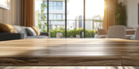 Aufkleber - Polished wooden table with a blurred modern living room in the background, creating a warm and inviting ambiance. Ideal for product display, branding, and interior design concepts