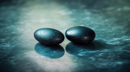 Poster - two glossy black stones resting on a textured surface with soft light reflections, creating a serene