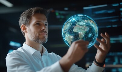Poster - Man manipulating a globe hologram in a dark room, business & technology use
