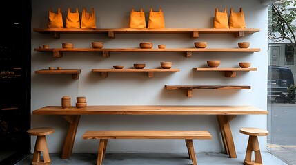 Poster - Minimalist Retail Display with Bright Colors and Wooden Furnishings