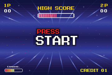 Fototapete - PRESS START. INSERT A COIN TO CONTINUE. pixel art. 8 bit game. Retro Futurism Sci-Fi Background. glowing neon grid. and stars from vintage arcade computer games