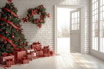 Poster - festive Christmas scene featuring decorated tree, gifts, and welcoming door. warm atmosphere evokes holiday cheer and joy