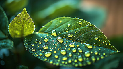 Aufkleber - Lush green leaves adorned with shimmering water droplets create refreshing scene