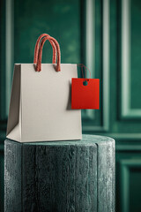 Poster - Minimalist white shopping bag with red handles and tag on wooden pedestal
