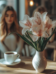 Poster - Elegant white flowers in vase with coffee cup, creating cozy atmosphere