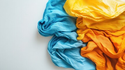 Fototapete - Vibrant fabric textures in blue, yellow, and orange hues arranged artistically on a white background