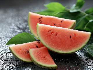 Poster - Fresh watermelon slices with droplets on reflective surface, surrounded by green leaves, evoke refreshing summer vibe