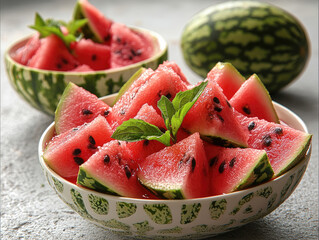 Poster - Fresh watermelon slices in bowls with mint leaves, perfect for summer