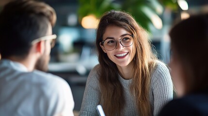Poster - Young Business People Engaging in Conversation in Modern Office Space