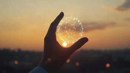 Poster - Businessman Hand Touching Global Network Sphere at Sunset