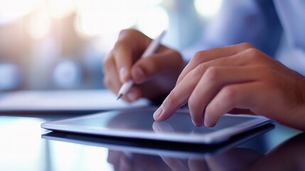 Poster - Mid-Aged Businessman Using Digital Tablet in Modern Office Setting