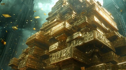 Sticker - golden futuristic cityscape: a digital architectural masterpiece