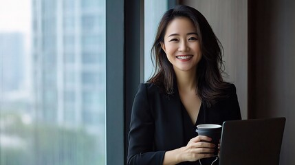 Poster - Smiling Businesswoman Standing by Window with Laptop and Coffee