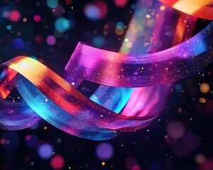 Poster - abstract gradient flowing ribbon with sparkles on dark background, festive and elegant