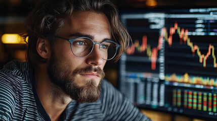 Poster - Focused man with glasses analyzing stock market data on screen, deep in thought