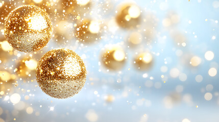 Poster - A dreamy scene featuring sparkling gold ornaments floating against a soft blue background, evoking a sense of magic and celebration