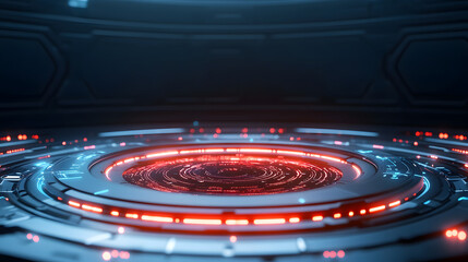 Aufkleber - A futuristic circular interface with glowing red and blue elements, set against a dark background, suggesting advanced technology or digital innovation