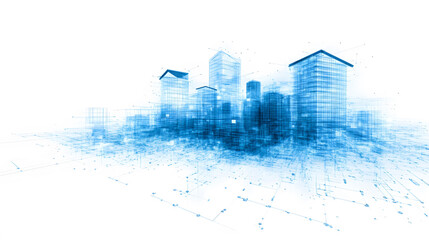 Fototapete - A digital rendering of a futuristic city skyline in blue tones, showcasing abstract buildings against a white background