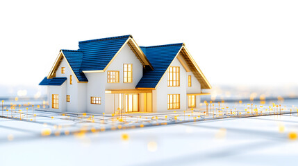Poster - A modern, stylized house model featuring a blue roof and large windows, set against a blurred background for emphasis