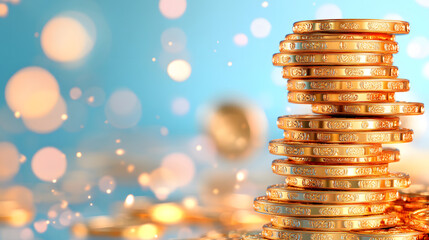 Poster - A stack of shiny gold coins against a blurred blue background, creating a feeling of wealth and prosperity with sparkling bokeh effects