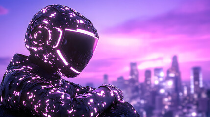 Poster - A futuristic figure with a glowing helmet sits against a vibrant skyline, blending technology and artistic expression in a neon-lit ambiance