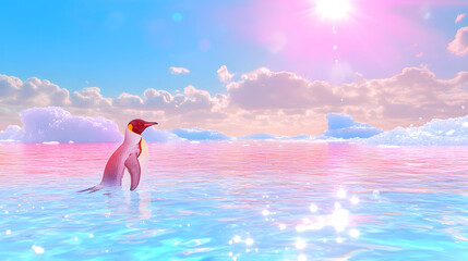 Poster - A serene penguin stands in shimmering waters under a vibrant sky filled with soft clouds and a bright sun, creating a peaceful, dreamlike atmosphere