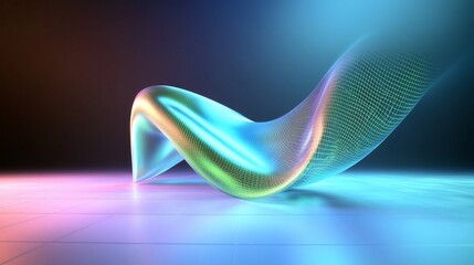 Poster - Abstract Metallic Wave Sculptural Art, Minimalist Setting, Holographic Surface