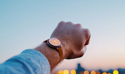 Poster - Urban Smart Living Minimalist Wearable Tech Revolutionizes Personal Control - Next-Gen Smartwatch Empowering Connected Lifestyle Against Sunset Cityscape