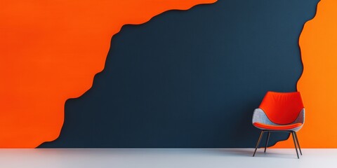 Leinwandbilder - Bold Mid-Century Modern Design Vibrant Orange and Navy Interior Backdrop with Iconic Red Minimalist Chair - Contemporary Spatial Branding and Creative Studio Aesthetic