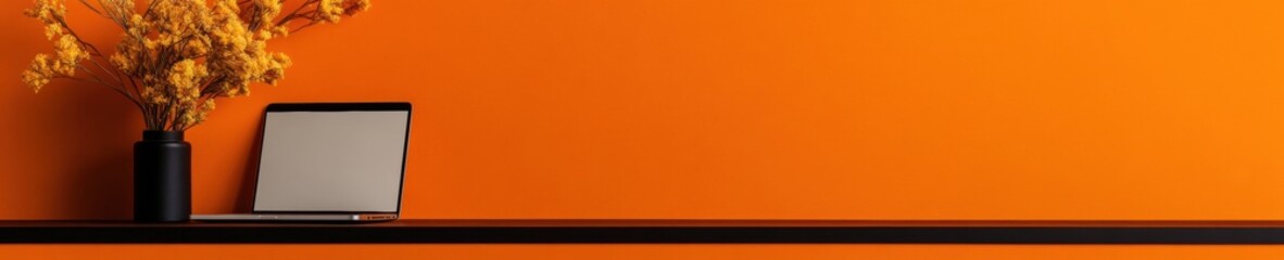 Poster - Minimalist Digital Workspace Vibrant Orange Contemporary Home Office with Sleek Laptop and Autumn Botanicals - Productivity in the Era of Hybrid Work Design