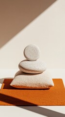 Aufkleber - Zen Minimalism Balanced Stone Sculpture on Terracotta Textile - Wellness Design Inspiration for Mindful Interiors and Meditation Space Branding