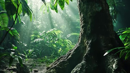 Poster - Exploring lush jungle roots under soft light in a tropical rainforest, Beautiful steady cam on jungle tree root to tall tree steady cam