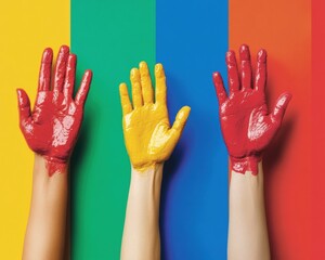 Aufkleber - Vibrant Diversity Expression Colorful Hands Raised Against Rainbow Spectrum - Inclusive Creativity, Gen Z Marketing and Social Empowerment Visual