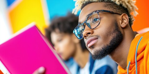 Aufkleber - Vibrant Gen Z Learning Hub Diverse Young Professionals Collaborating in High-Energy Creative Study Space with Trendsetting Digital Workflow and Inclusive Academic Innovation
