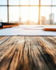 Aufkleber - Modern Workspace Minimalism Sunlit Professional Environment with Textured Wood Surface and Strategic Document Collaboration Insights