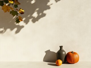 Poster - Minimalist Autumn Harvest Sculptural Ceramics and Organic Pumpkins in Soft Golden Light - Sustainable Lifestyle and Seasonal Design Inspiration
