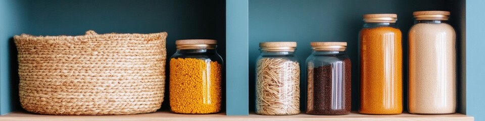 Poster - Minimalist Kitchen Organization Sustainable Woven Basket and Glass Jar Storage - Modern Eco-Friendly Home Design for Conscious Living Spaces