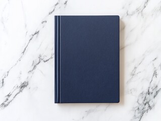 Poster - Minimalist Corporate Elegance Navy Blue Hardcover Notebook on Luxe Marble Surface - Professional Workspace Aesthetic and Modern Productivity Design