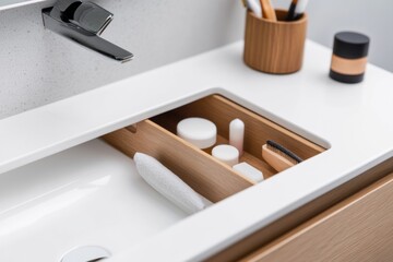 Poster - Zen Minimalist Bathroom Storage Sleek Pull-Out Wooden Organizer Revolutionizing Small Space Design with Scandinavian-Inspired Functional Elegance